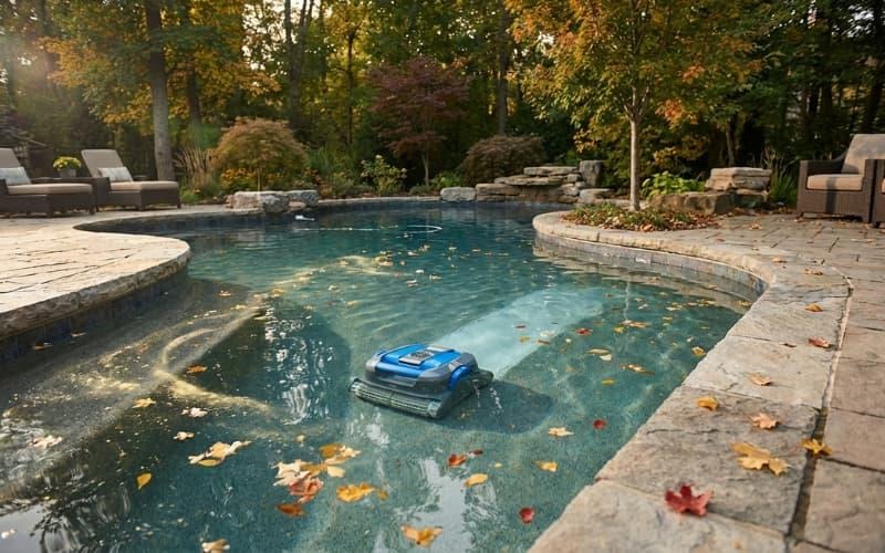 An automatic pool cleaner helping manage light seasonal debris in a residential backyard pool